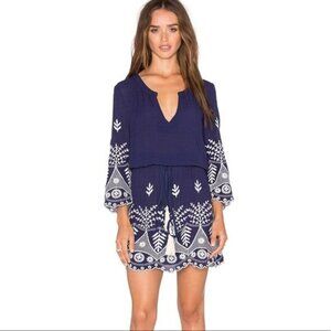Misa Los Angeles Serene Dress Navy Blue Embroidered Boho Tunic Women's S